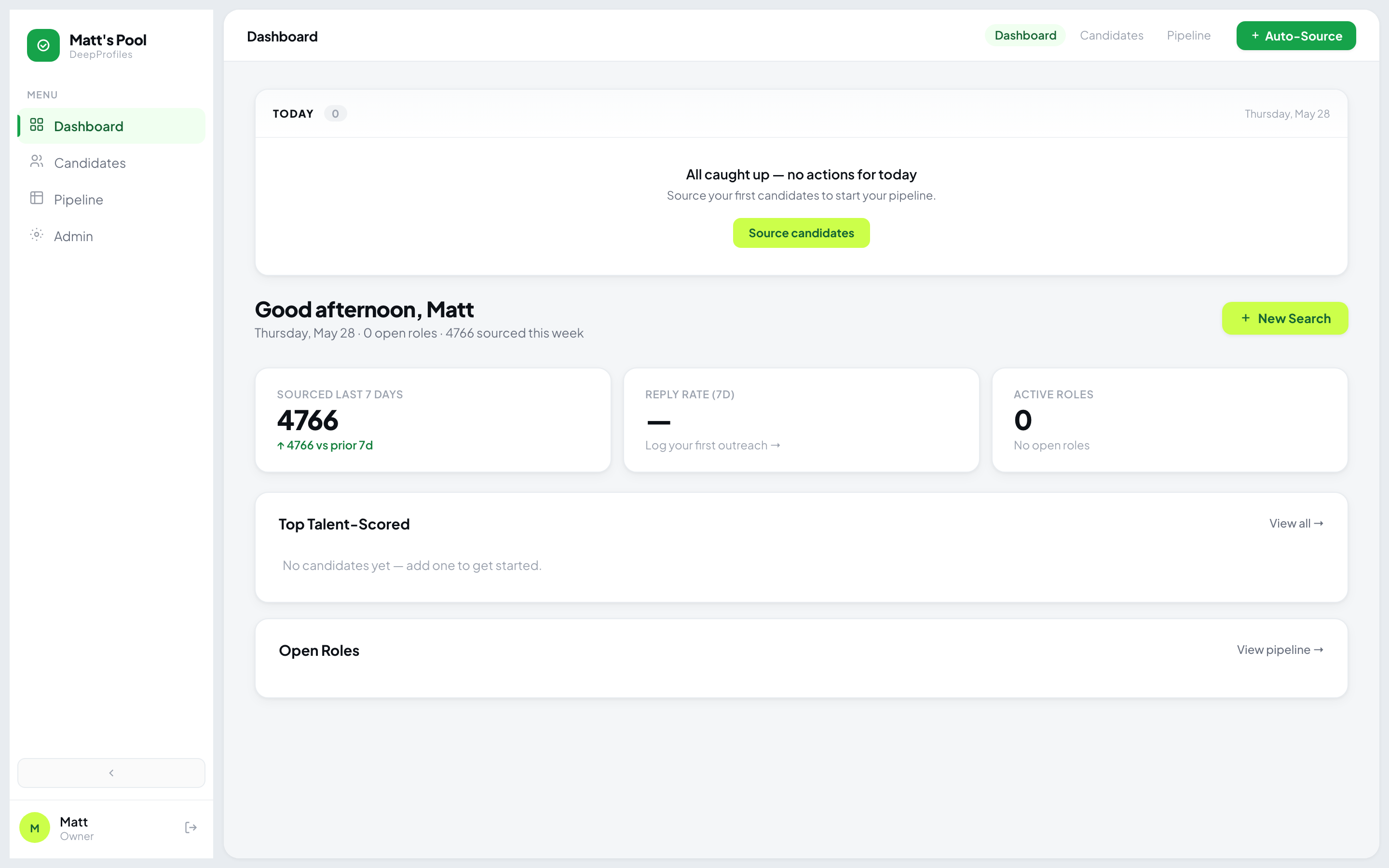 DeepProfiles dashboard — sourced last 7 days, reply rate, active roles