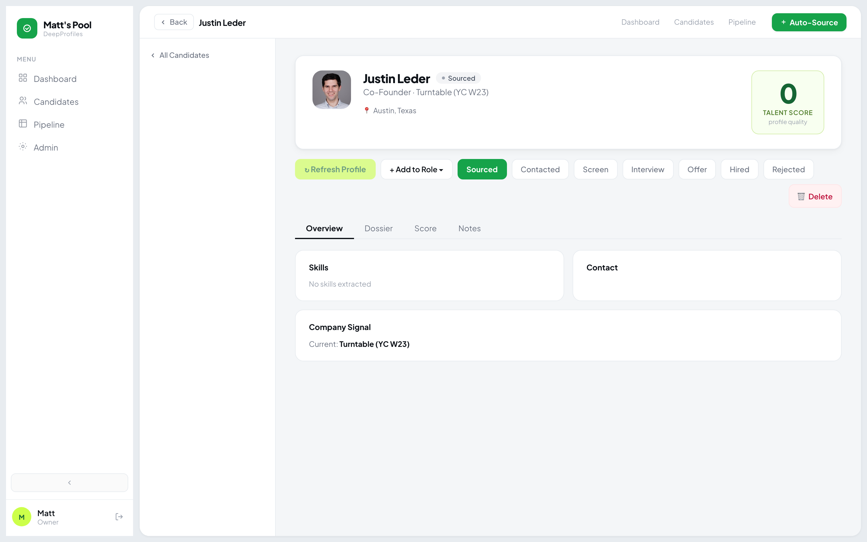 Candidate profile view with Overview, Dossier, Score, and Notes tabs